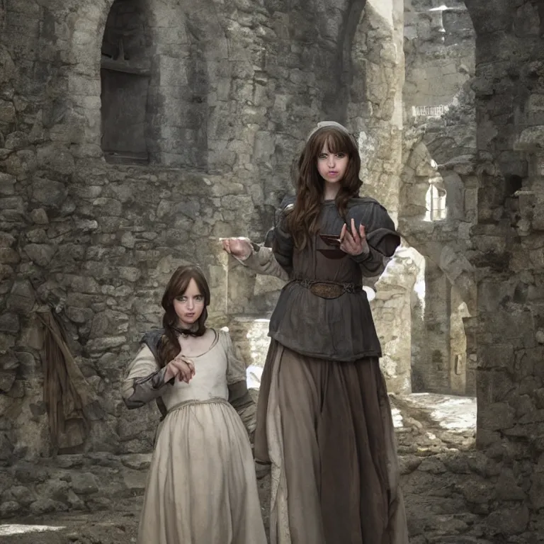 Image similar to portrait of felicity jones as a beautiful medieval maiden in a stone courtyard, confident pose, coherent, insane detail, concept art, character concept, cinematic lighting, global illumination radiating a glowing aura