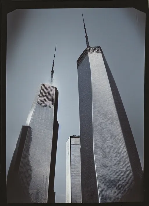 Image similar to 1 9 9 0 s polaroid of the twin towers wtc, as plane flies overhead