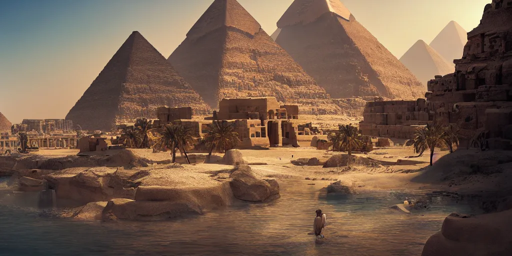 Image similar to beautiful egypt landscape, environment, film, dramatic, cinematic, highly detailed, mid day, large scale, hyperrealistic, realistic lighting, octane render, by wlop, artgerm, trending on artstation hd, 8 k, clear, sharp