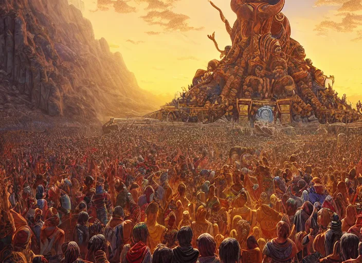 Image similar to a crowd of tribal men and women worshiping a giant golden calf, biblical, dramatic, insanely detailed, by dan mumford, yusuke murata, makoto shinkai, ross tran, intricate detail, cinematic, 8 k, featured on artstation, pixiv