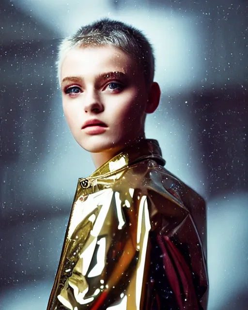 Image similar to detailed portrait kodak portra 800; grainy film European Pretty Young Girl Storm Rain bladerunner movie Reflective jacket coat, Futuristic sci-fi fashion, royal attire Perfect face, fine details, realistic shaded, fine-face, pretty face