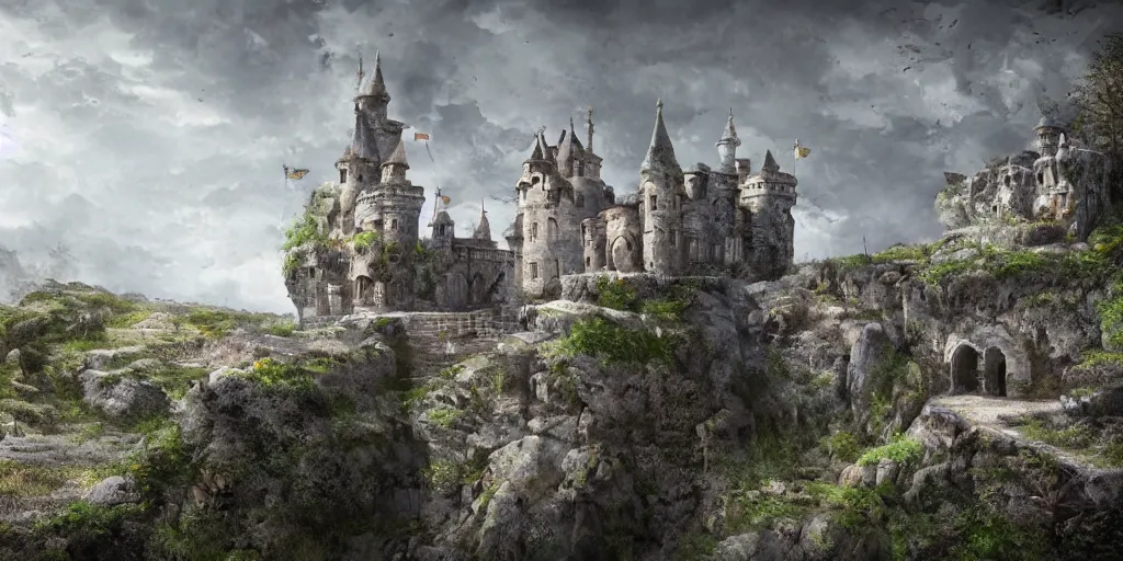 Image similar to a abandoned castle on the edge of a high cliff, 8 k, shallow depth of field, intricate detail, concept art,