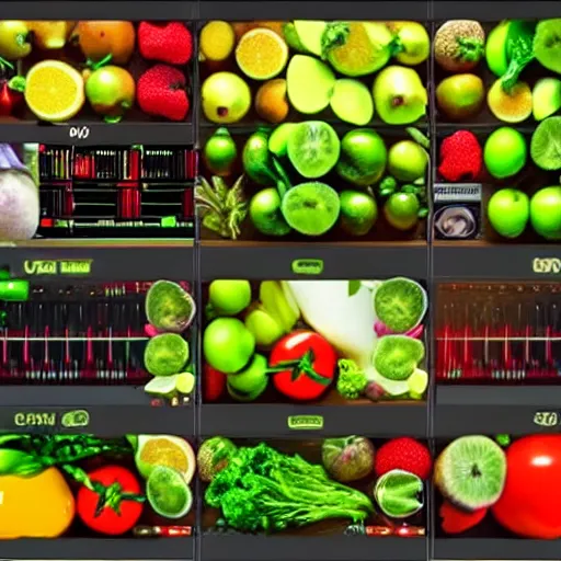 Image similar to film still of fresh fruits and vegetables making beats on fl studio