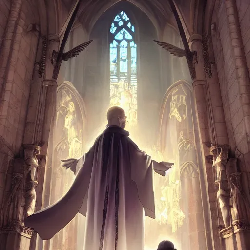 Image similar to angel protecting man who is praying inside a gothic church by Stanley Artgerm Lau, WLOP, Rossdraws, James Jean, Andrei Riabovitchev, Marc Simonetti, Yoshitaka Amano, ArtStation, CGSociety