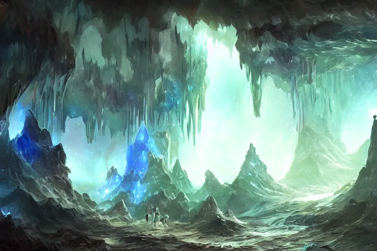 Prompt: glowing crystal cave, fantasy art in the style of Feng Zhu, HD wallpaper, concept art, trending on art station