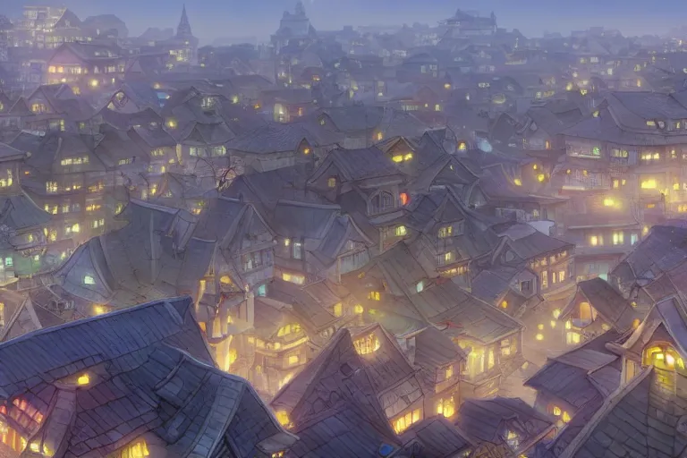 Prompt: a wholesome animation key shot of a city with roofs with tiles, medium shot, studio ghibli, pixar and disney animation, sharp, rendered in unreal engine 5, anime key art by greg rutkowski, bloom, dramatic lighting