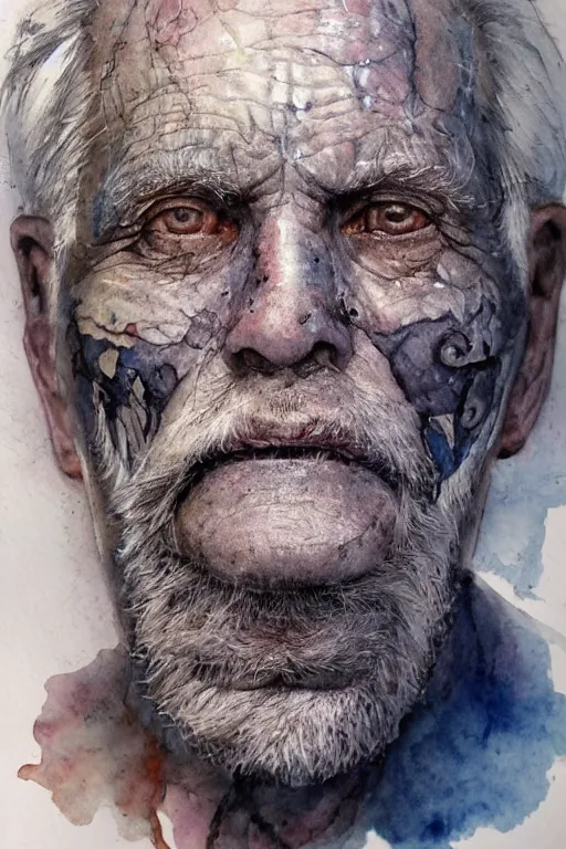 Image similar to portrait of a very old man with aquarelle painted skin. close up, very dark bluish hair, light eyes, intricate dark flowers pattern everywhere, high detail, by Eddie Mendoza