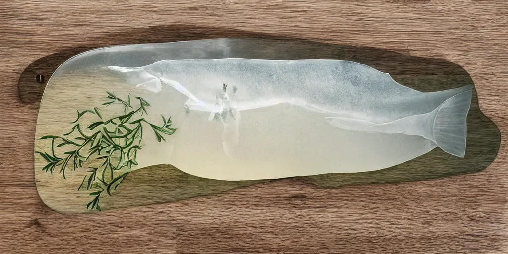 Prompt: a transparent sea creature laying on a chopping board made out of an olive tree