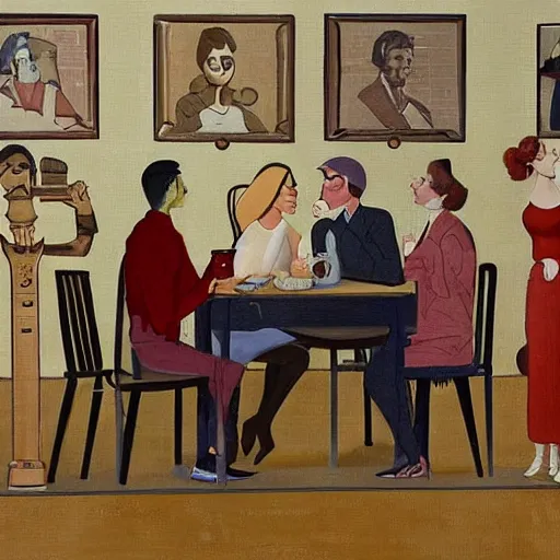 Image similar to the installation art depicts two people, a man and a woman, sitting at a table. the man is looking at the woman with a facial expression that indicates he is interested in her. the woman is looking at the man with a facial expression that indicates she is not interested in him. there is a lamp on the table between them. by andrew robinson mild