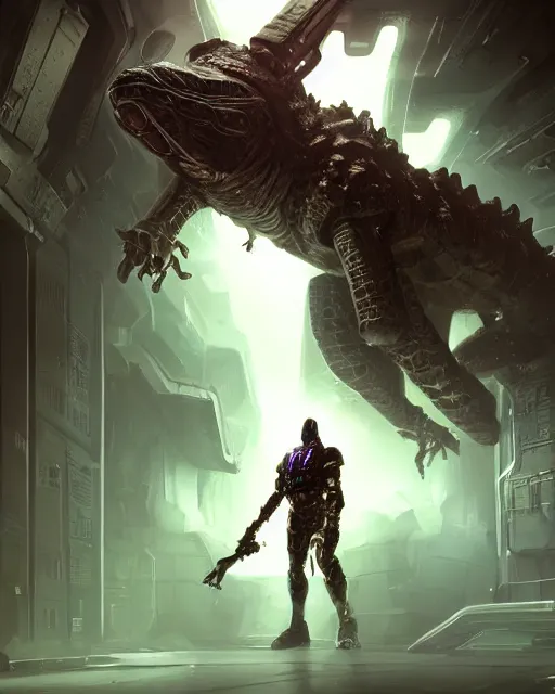 Image similar to Sci-Fi Crocodile alien, armored, big, art by Kashin, Wadim, Martinière, Stephan, Anton Fadeev, holding rifle, sharp focus, pitch black cursed evil Spaceship hallway, dark light, soft purple glow, heroic pose, sci-fi artwork, octane render, dead space artwork, cyberpunk, vivid colors, occult, magical, volumetric lighting, 8k high definition, highly detailed, trending on art Station, centered, by Greg Rutkovski, sci-fi artwork, arnold render