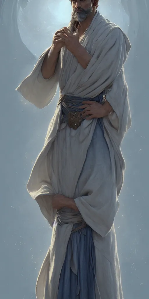 Image similar to charismatic male mage, viscount, linen robe, ancient, sand, indigo, intricate, highly detailed, digital painting, artstation, concept art, smooth, sharp focus, illustration, Unreal Engine 5, 8K, art by artgerm and greg rutkowski and alphonse mucha