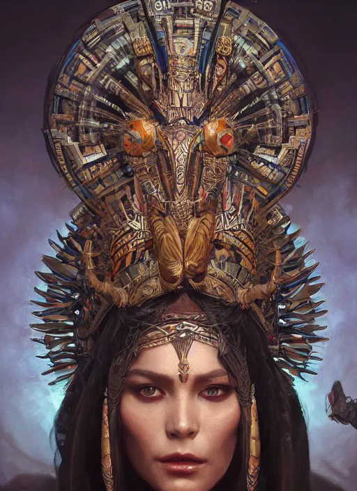 Image similar to a Photorealistic dramatic fantasy render of a beautiful woman wearing a beautiful intricately detailed Aztec Insect shaman mask and costume by WLOP,Artgerm,Greg Rutkowski,Alphonse Mucha, Beautiful dynamic dramatic dark moody lighting,shadows,cinematic atmosphere,Artstation,concept design art,Octane render,8K