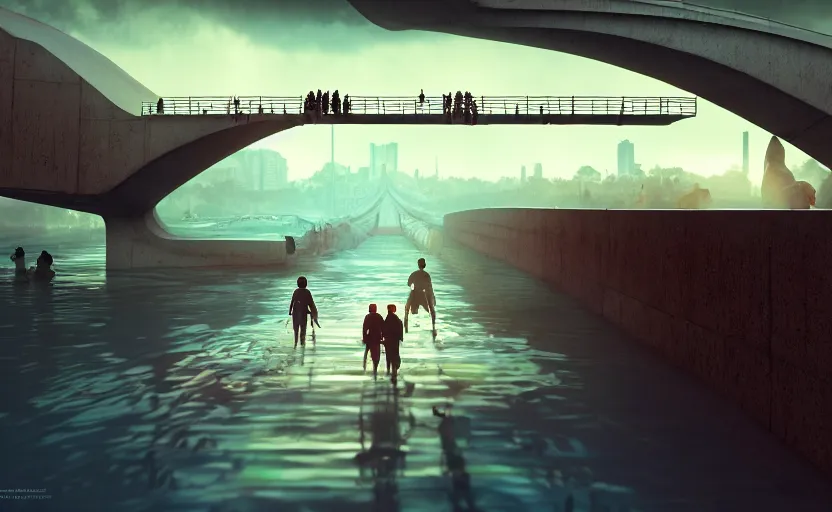 Image similar to incredible, mindblowing, refugees crossing a bridge made of rainbow, matte painting, makoto shinkai, artstation, cgsociety, dramatic lighting, concept art, octane render, arnold 3 d render