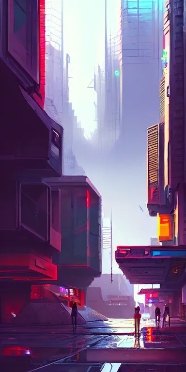 Image similar to street - level view from a cyberpunk city, concept art, high quality digital art, by michal lisowski, trending on artstation