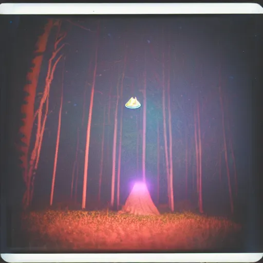 Image similar to a ufo with glowing lights flying over a forest at night, old polaroid, expired film,