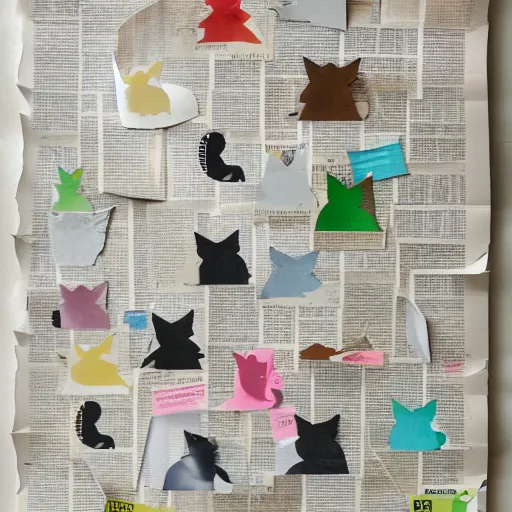 Prompt: Accurate representation of cat collage made out of cut coated and uncoated colored papers on two joined sheets of found newspaper