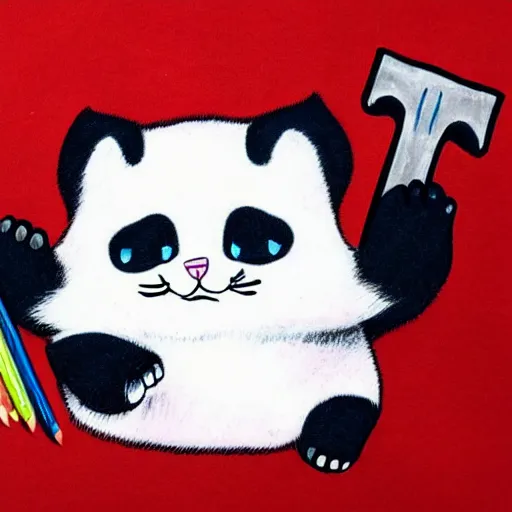 Image similar to kids drawning of a cute kitten with panda body and cat face, in a kimono, holds a sword