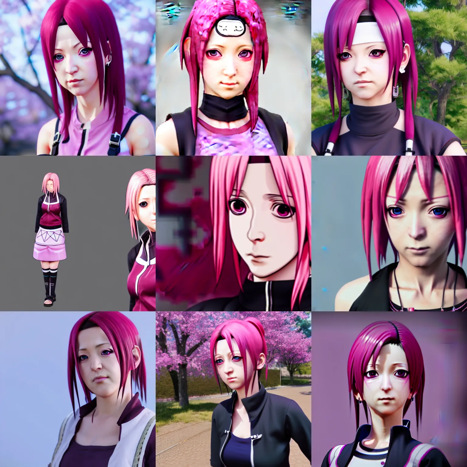 Prompt: Sakura Haruno draw in a hyperrealistic way, wearing a, skirt, blouse and withlong earrings, unreal engine 4k