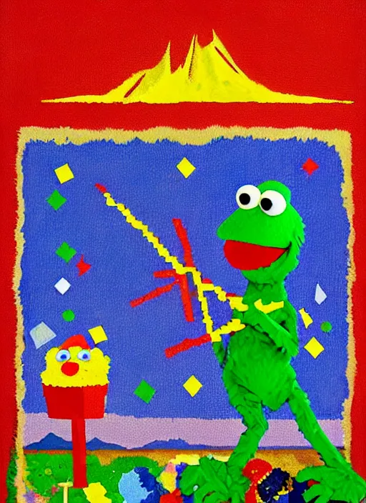 Image similar to pixel decollage painting trash can toter as tarot card fool with sesame street elmo and kermit muppet on a horse knight in a dark red cloudy night sky background and golden foil jewish stars , mountain lake and blossoming field in background, painted by Mark Rothko, Helen Frankenthaler, Danny Fox and Hilma af Klint, pixelated, neo expressionism, semi naive, pastel colors, cinematic, color field painting, cave painting, voxel, pop art look, outsider art, minimalistic. Bill Traylor painting, part by Philip Guston and Francis Bacon. art by Adrian Ghenie, very coherent symmetrical artwork, cinematic, hyper realism, high detail, octane render, unreal engine, Smooth gradients, depth of field, full body character drawing, extremely detailed, 8k, extreme detail, intricate detail, masterpiece