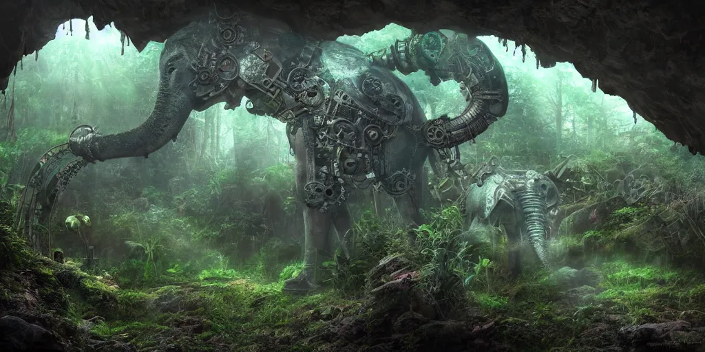 Image similar to magnificent mechanical steampunk elephant looking eerily into a cave entrance with lush vegetation and mystical (((glowing algae))) in the dawn, light coming through from holes in the ceiling, waterfalls, desaturated, creepy ambiance, dangerous, sharp focus, highly detailed, artgerm