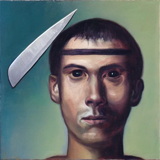 Image similar to an album cover of a man with a knife in his head, neutral expression, oil on canvas