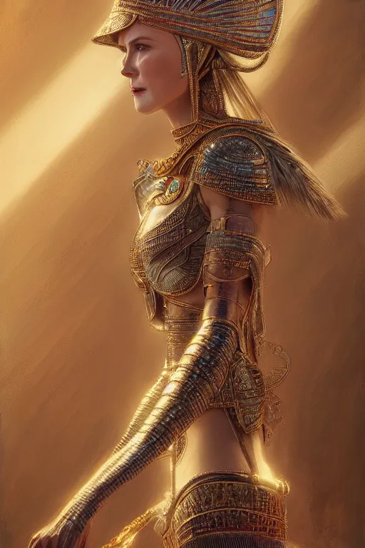 Image similar to Nicole Kidman as egyptian princess, gorgeous, portrait, powerful, intricate, beautiful, masterpiece, elegant, volumetric lighting, digital painting, highly detailed, artstation, sharp focus, illustration, Hajime sorayama, ruan jia