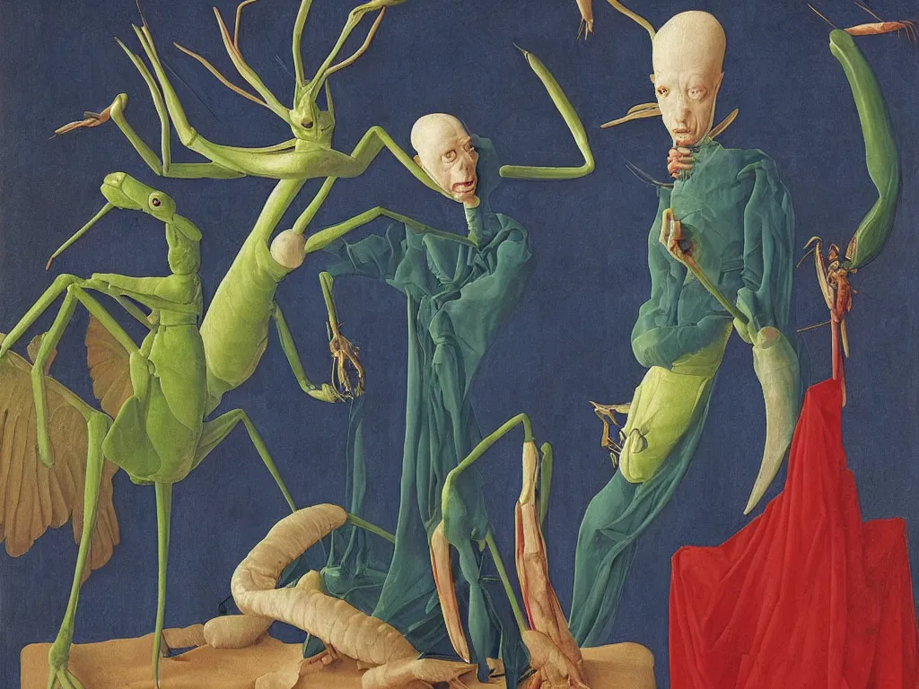 Image similar to portrait of albino mystic with blue eyes, with beautiful exotic giant mantis. Painting by Jan van Eyck, Audubon, Rene Magritte, Agnes Pelton, Max Ernst, Walton Ford