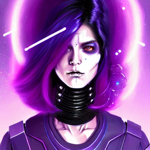 Image similar to A cyberpunk space pirate girl with purple hair warping time and space, trading illegal goods, magic mushrooms, psilocybin, LSD, face, space helmet, futuristic, detailed, intricate, elegant, highly detailed, digital painting, artstation, concept art, smooth, sharp focus, akira style illustration, art by Krenz Cushart and Artem Demura and Alphonse Mucha