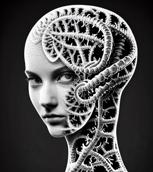 Image similar to dark background, a black and white high quality dreamy photo of a young beautiful female queen-vegetal-dragon-cyborg bust with a very long neck and delicate Mandelbrot fractal face, anatomical, facial muscles, veins, arteries, elegant, highly detailed, flesh highly baroque ornate, hair are curled wired cables, elegant, poetic, dreamy, mysterious, high fashion, rim light, in the style of Ellen von Unwerth, Realistic, Refined, Digital Art, Highly Detailed, Cinematic Lighting, rim light, black and white, photo-realistic, 8K