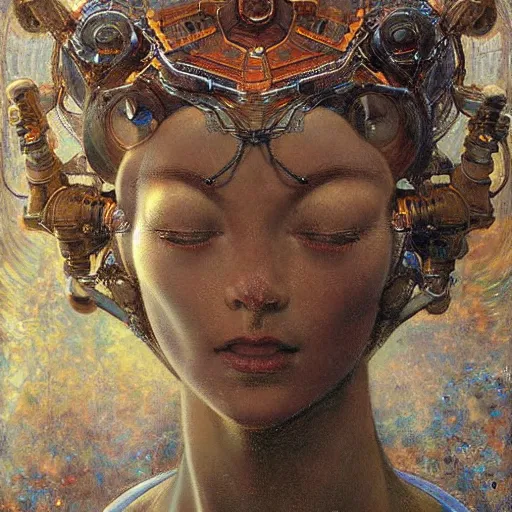 Prompt: highly detailed portrait of an humanoid robotic dmt mecha, painting by gaston bussiere, craig mullins, j. c. leyendecker, lights, art by ernst haeckel, john william godward, hammershøi, alex grey