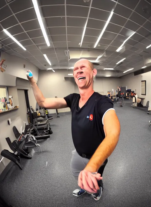 Prompt: ymca worker smiling and giving a tums up. fisheye lens
