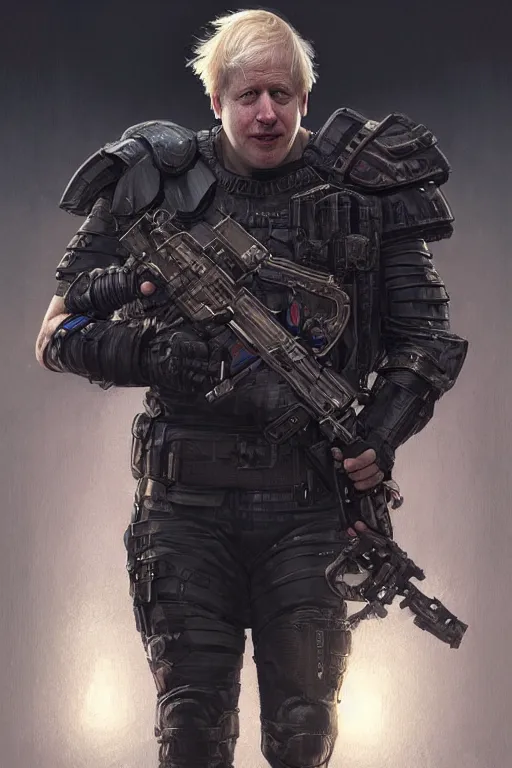 Image similar to Boris Johnson as Punisher, armor plate, realistic portrait, symmetrical, highly detailed, digital painting, artstation, concept art, smooth, sharp focus, illustration, cinematic lighting, art by artgerm and greg rutkowski and alphonse mucha