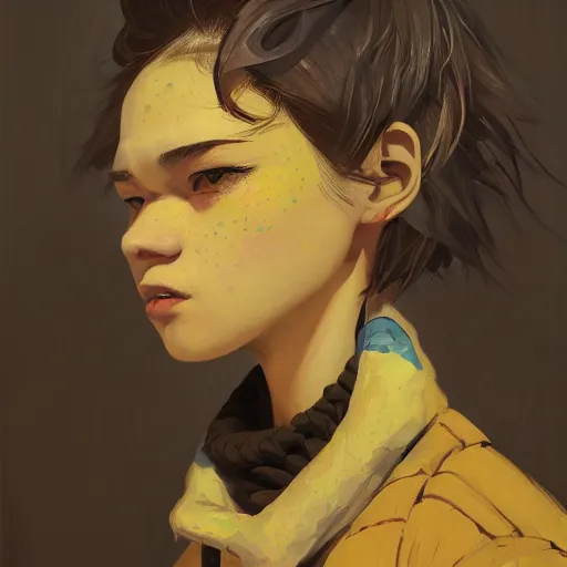 Image similar to highly detailed portrait of a punk young lady by Atay Ghailan, Cliff Chiang, loish, Brian Lee O'Malley and Goro Fujita, yellow, black, brown and cyan mystical tones, symmetrical composition, 8k resolution, exagerrated proportions, long neck, forward facing, trending on artstation, featured on behance, freckles