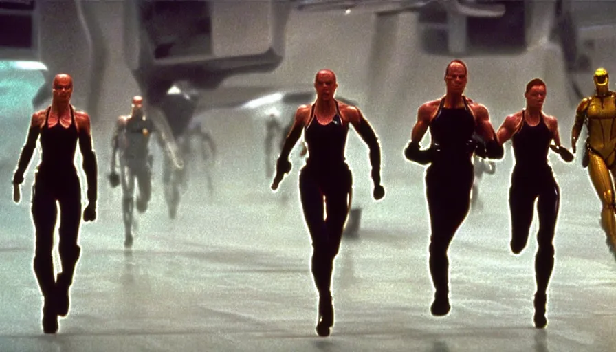 Image similar to The matrix, LeeLoo, Starship Troopers, Sprinters in a race with a clear winner, The Olympics footage, intense moment, cinematic stillframe, shot by Roger Deakins, The fifth element, vintage robotics, formula 1, starring Geena Davis, sports photography, clean lighting