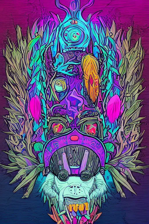 Image similar to animal mask totem roots flower tribal feather gemstone plant wood rock shaman vodoo video game vector cutout illustration vivid multicolor borderlands comics by josan gonzales and dan mumford radiating a glowing aura