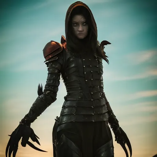 Image similar to scared female rogue in a light armor who only came to see a dragon, symmetrical, cinematic, real photography