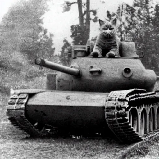 Image similar to old photograph of fat cat inside a world war 2 tank