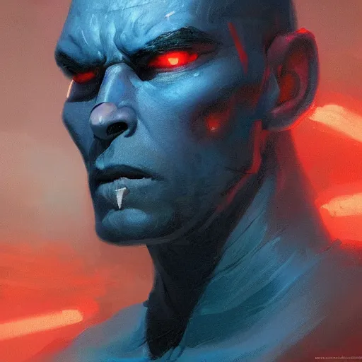 Image similar to A portrait of blue-skinned man, red eyes, black hair with widows peak, angry, dramatic lighting, star wars art, art by greg rutkowski, matte painting, trending on artstation