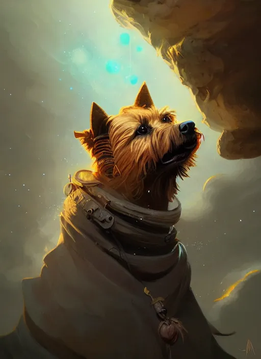 Prompt: norwich terrier as an wizard, backround dark, highly detailed, digital illustration, trending in artstation, modern painting, smooth, sharp focus, intricate, by peter mohrbacher