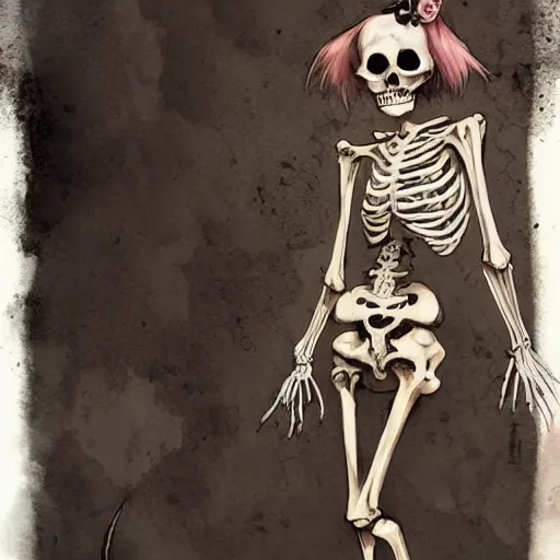 Prompt: skeleton girl, horror, grunge, loony toons style, illustrated by Greg Rutkowski and Caspar David Friedrich., Trending on artstation, artstationHD, artstationHQ, 4k, 8k