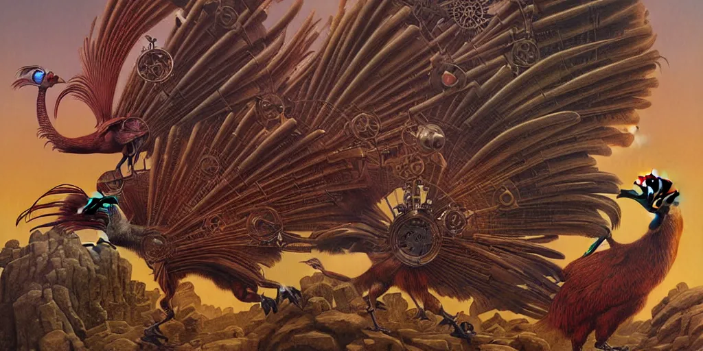 Image similar to digital painting of angry mechanical roosters fighting, by wayne barlowe and bob pepper and karl wilhelm de hamilton, dieselpunk, steampunk, highly detailed, intricate, sharp focus, portrait, talons, anatomy, beak, wings