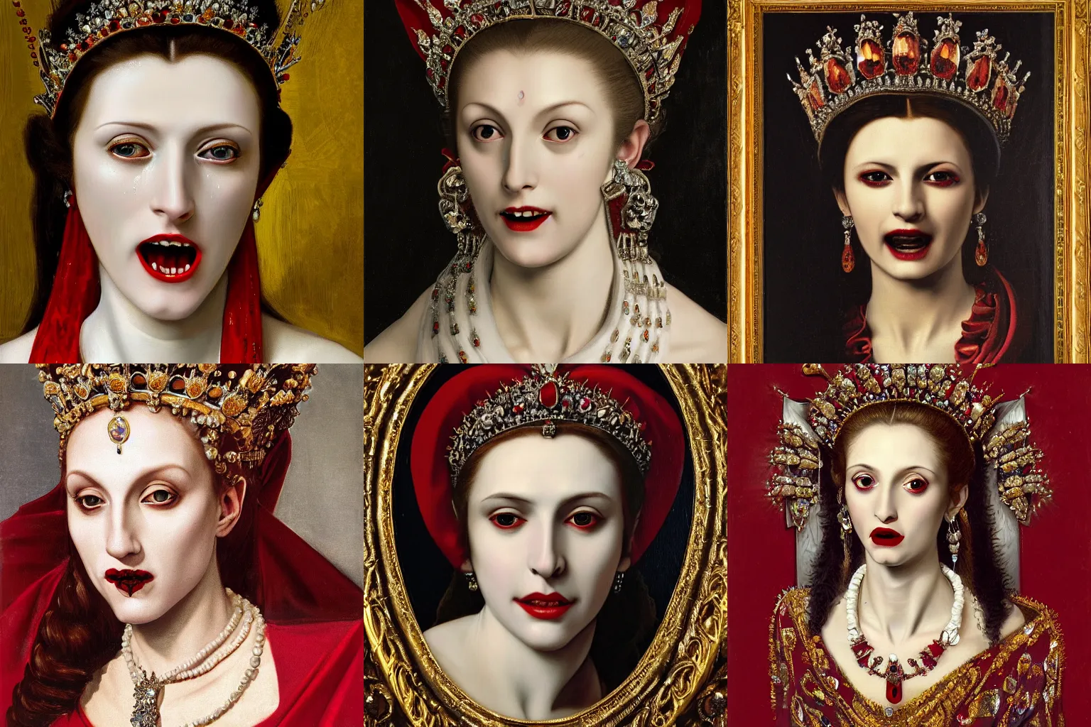 Image similar to A extremely highly detailed majestic hi-res beautiful immaculate head and shoulders painting of a beautiful bloody vampire woman with fangs, crying tears of red blood wearing a long royal red silk dress, the crown jewels is on her head and around her neck is a ornate golden necklace decorated with diamonds and rupees smiling by Michelangelo Merisi da Caravaggio, high detail, hyperrealistic, photorealistic, octante render, cinematic, high textures, royaltly, royal, hyper sharp, 4k insanely detailed and intricate, hypermaximalist, 8k, hyper realistic, super detailed, 4k HDR hyper realistic high,