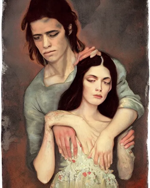 Image similar to a beautiful and eerie baroque painting of a brother and sister who are beautiful but creepy, in dead space, with haunted eyes and dark hair, 1 9 7 0 s, seventies, floral wallpaper, a little blood, morning light showing injuries, delicate embellishments, painterly, offset printing technique, by brom, robert henri, walter popp