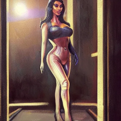 Image similar to kim kardashian as a cop, police uniform, full body view, full pov, haunted house interior, pretty, aesthetic, dust molecules, matte detailed photo, DeviantArt, Artstation, by donato giancola, ralph horley, loish, cinematic lighting