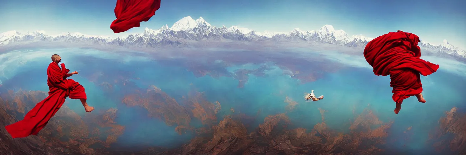 Image similar to a fisheye lens shot on full - frame camera of tibetan monk flying over himalaya mountains lake in weightlessness in traditional red cloth. a lot of flying red fabric around, sky and cloth fabric reflected in blue lake water. illustration by craig mullins, yoji shinkawa, trending on artstation, peter mohrbacher, hyper detailed, intricate, elite, ornate,