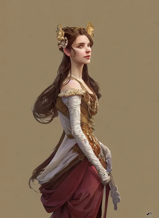 Image similar to portrait of a full body of young beautiful female princess, d & d, baroque dress, elegant, flat lighting, intricate, highly detailed, digital painting, artstation, concept art, smooth, sharp focus, illustration, art by simon bisley and greg rutkowski and alphonse mucha, natural tpose