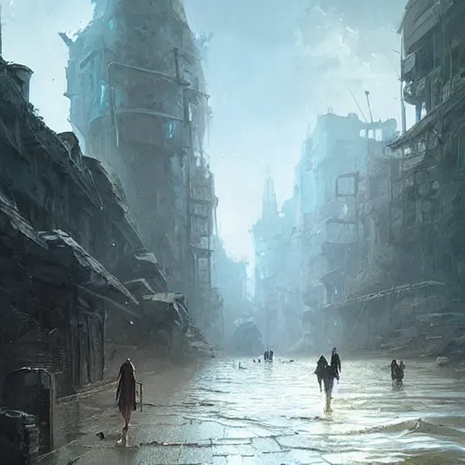 Image similar to walking along the street in ancient atlantis, by greg rutkowski