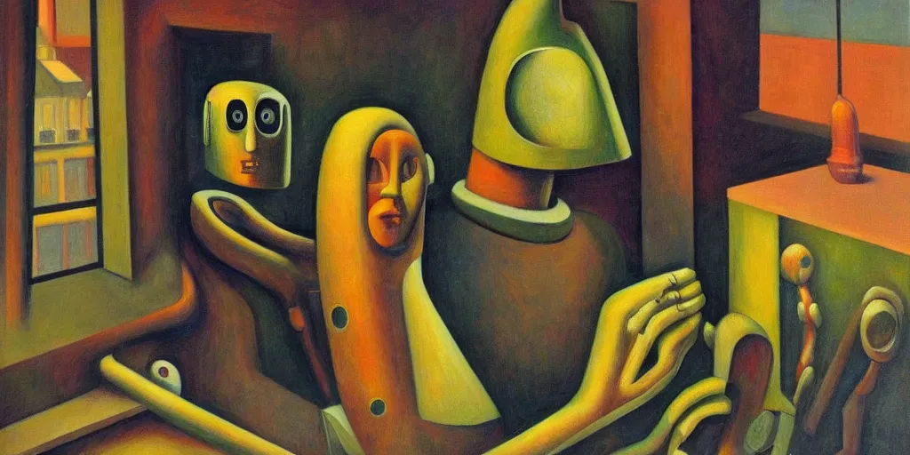 Prompt: sentient robot with soulful eyes portrait, lowbrow, pj crook, grant wood, edward hopper, oil on canvas