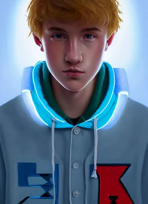 Image similar to portrait of high school senior boy named big moose, blonde short hair, jock, beefy, wide face, square jaw, square facial structure, blue varsity jacket with letter r, intricate, elegant, glowing lights, highly detailed, digital painting, artstation, concept art, sharp focus, illustration, art by wlop, mars ravelo and greg rutkowski