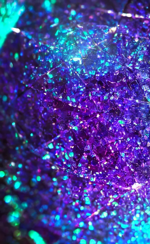 Image similar to Close-up of an iridescent crystal in space inside against the background of a time vortex, magic, fantasy, realism, beautiful, epic, dream, realism, photo, 8K, high quality, high resolution, HDR, 4K, lossless